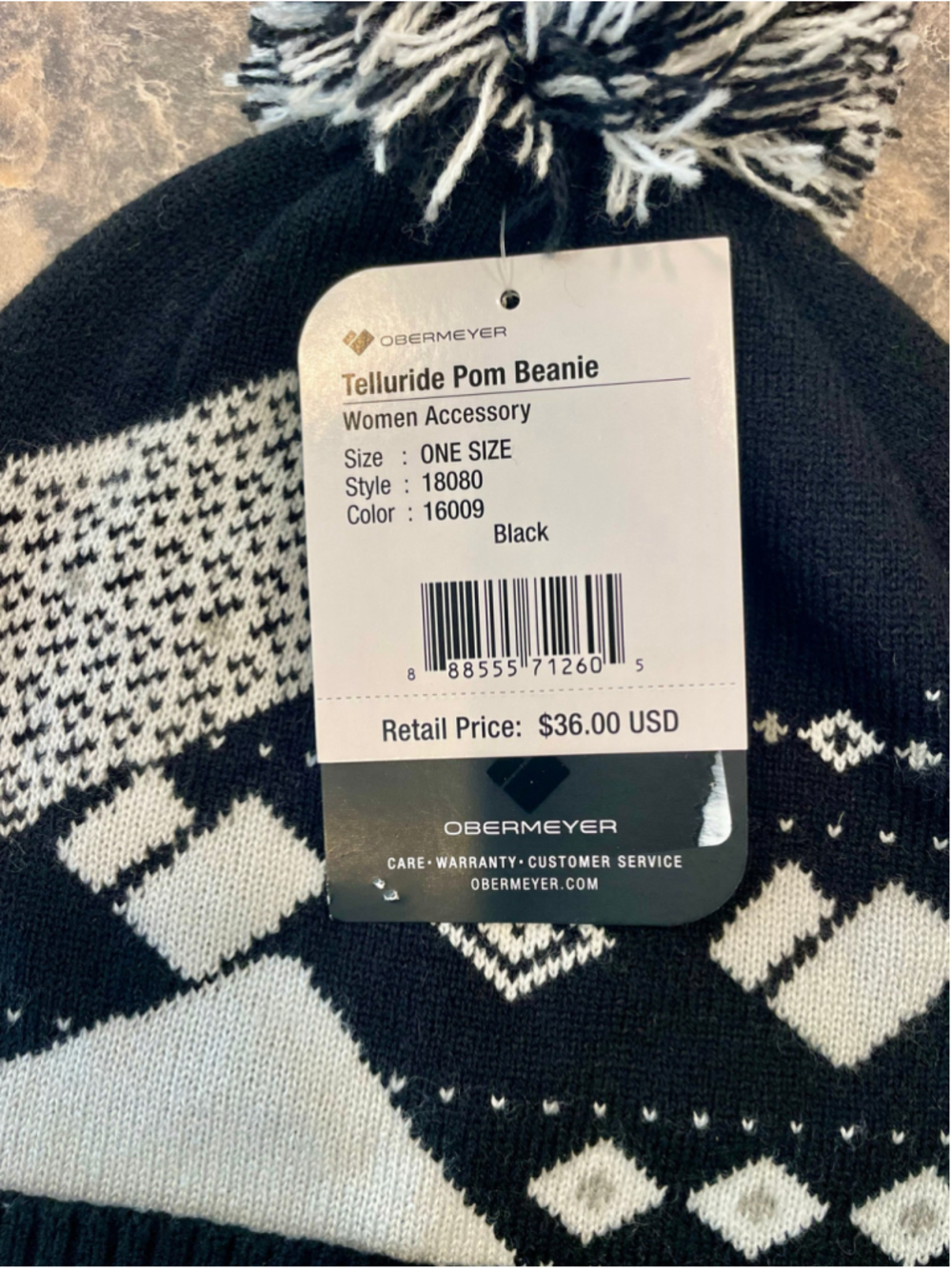 Obermeyer Telluride Pom Beanie Women’s Black White Fair Isle Ski Hat NWT - Picture 3 of 4